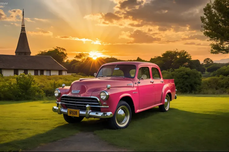 1950s style, retro yellow car Isuzu,pink sunset,sunrays,(nature, buildings history modern art, amazing unreal background), (natural colors, correct white balance, color correction, dehaze,clarity), RAW photo, full sharp, detailed face (high detailed skin:1...