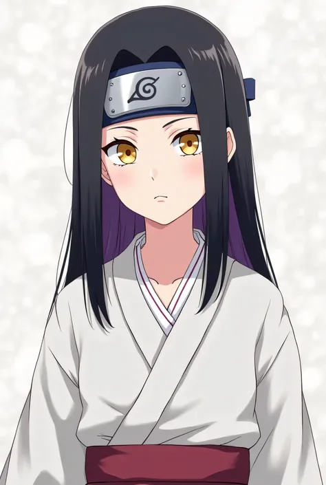 Character from Naruto, he is but looks younger, he has an androgynous face, he’s white with a pale skin, he has a natural long black and purple hair with cascade over his shoulders, a perfect face and yellow eyes like gold, he’s dressed in white kimono, he...