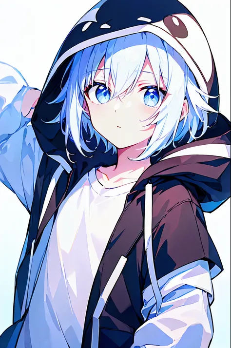 [(WHITE BACKGROUND:1.5),::5], ((((masterpiece)))), high quality, ultra very high resolution, full color, (((solo))), ((little younger boy)), men's White Short hair, White streaked hair, (Blue eyes), anime, (upper body), Summer clothes, ORCA black parka, Or...