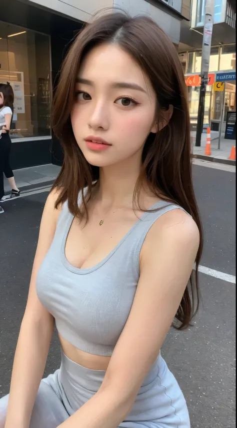 (( top quality, 8k,  Masterpiece :1.3)), whole body,  sharp concentration :1.2,  beautiful woman with perfect figure :1.4,  slim abs :1.2, (( thick brown hair,  big breasted  :1.2)),  Tank Top Dress  :1.1, ( neon, street:1.1),  high definition face and ski...