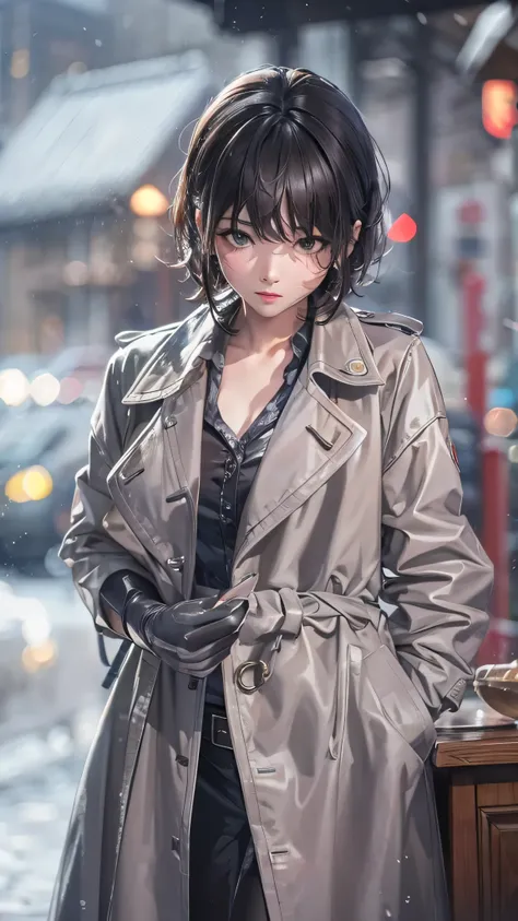  in high definition、 ulchan-6500-v1.1, ( RAW Photo :1.2), ( Photorealistic ),  trench coat with protruding nipples ,  very detailed目と顔,  Beautiful and delicate sticky liquid dripping from eyes ,  large file size , Wearing a high-resolution black suit,  ver...