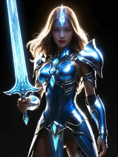 girl, battle stance, holding sword, crystal sword, vibrant mystical glow, futuristic warrior, ornamented helemt, sleek blue-white design, aerodynamic lines, metallic details, magical alien tech origin, pulsating glow, long hair, looking at viewer, powerful...