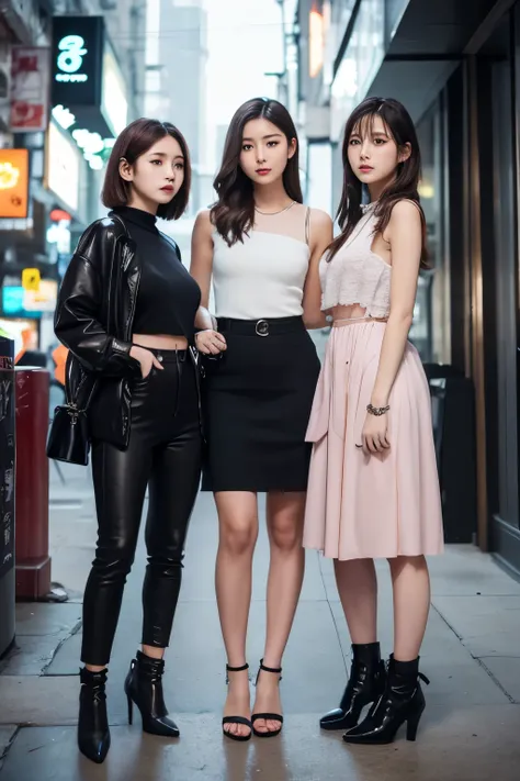 Three beautiful young Korean women stand side by side and look at me。 Cyberpunk Backgrounds。 TOP QUALITY。Sharp impression。Luscious thin clothing fashion。