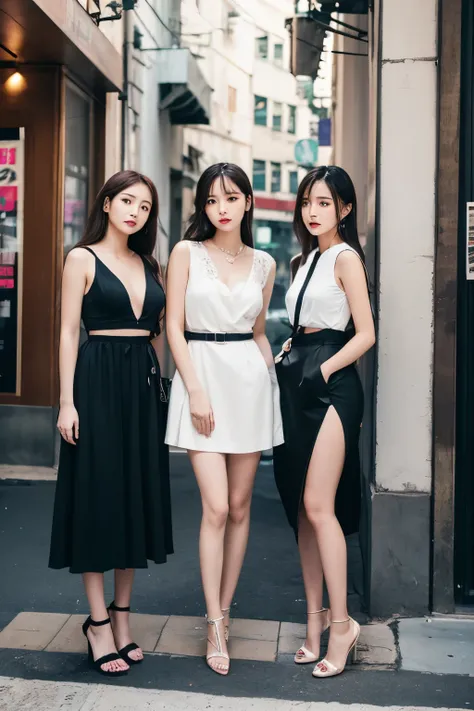 Three beautiful young Korean women stand side by side and look at me。 Cyberpunk Backgrounds。 TOP QUALITY。Sharp impression。Luscious thin clothing fashion。