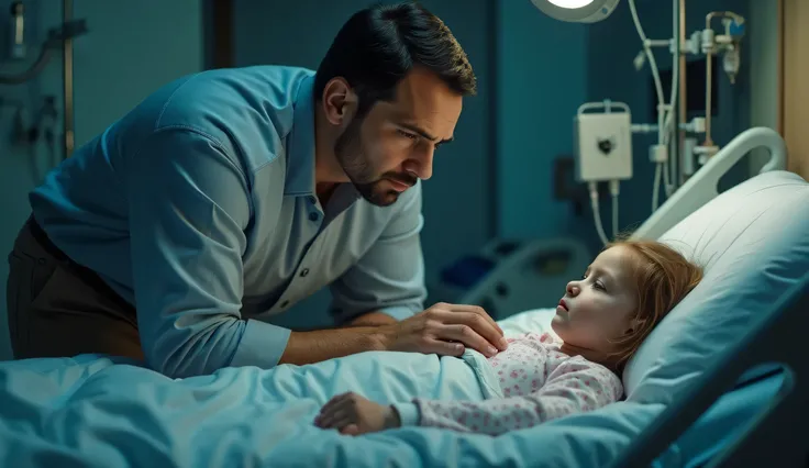 father at the hospital bed of his little daughter real photo