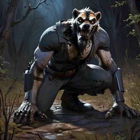 By Taran Fiddler, an anthropomorphic badass zombie wolverine crawling on the ground in a very dark swamp at night, atmosphere is very dark (realistic, aesthetic physique, aesthetic proportions, is 1.6 meters tall, oversized massive muscles, dark black fur,...