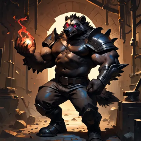 By Taran Fiddler, an anthropomorphic badass specter dark wolverine in a very dark sewer, holding an idol in his hands (realistic, aesthetic physique, aesthetic proportions, is 1.6 meters tall, small, oversized massive muscles, dark black fur, wolverine hea...