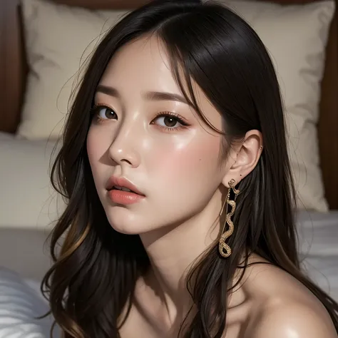   snake shaped earrings close-up、 Fair-skinned woman、  tall 、adult、30th Generation、Unique hair color and hairstyle  、  lies in bed、Sleep with a pillow、 length,   dichevelle hair  、