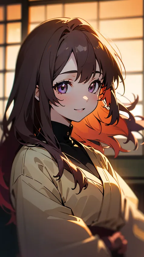  1 girl、8k、 Sharp Focus 、(Bokeh) ( top quality) ( detailed skin:1.3) ( intricate details in the tatami room) (anime)、 energetic girl 、 brown hair、Beautiful purple round eyes、 long hair、Transparent Hair、Translucent hair、 bright smile、 black riders jacket、Bl...