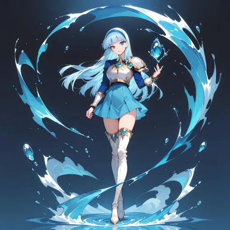 masterpiece, best quality, high quality, anime, solo, ((full body))
AEUmiKnight, blue eyes, blue hair, blunt bangs, long hair, blue hairband, big breasts
white breastplate, single shoulder pad, shoulder armor, blue skirt, thigh armor, white footwear, whi...