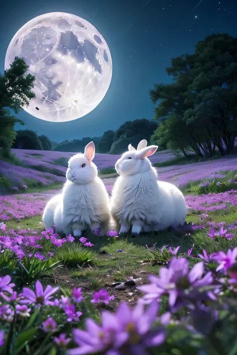  two white sheep sitting in a field of purple flowers under a full moon, a forest with rabbit, rabbit, Magic Background, rabbit_bunny, rabbits,  so magical and dreamy , Beautiful Wallpapers, moonlight, Magical Scene, Two pure moons , Pleasant night firefli...