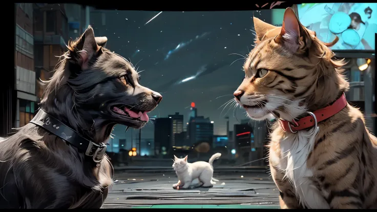 (  Masterpiece:1.2,  High-quality , best illustrated   :2.0),  ultra high resolution,  very detailed,8k, wallpaper,(Dog vs. Cat:2.0),(Battle Royale:2.0),(  territorial dispute between dogs and cats :2.0),(  The left side of the screen is a dog  :2.0)(The r...