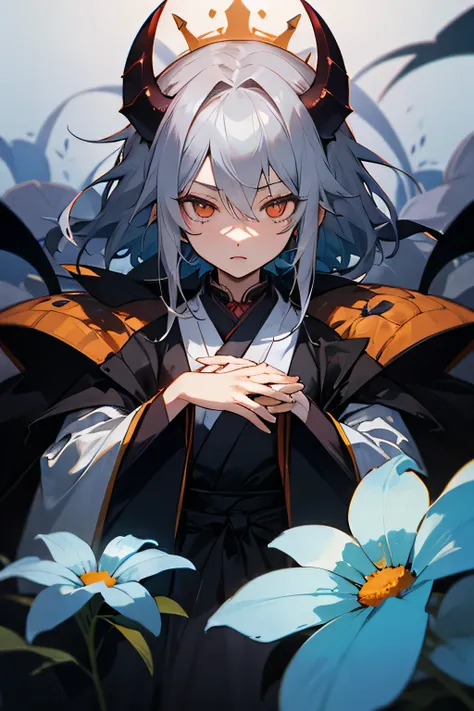  gray hair　 orange eyes　Blue Haori　The King of Hell　Blue Flower