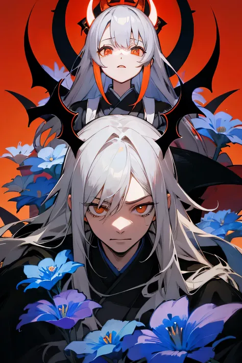  gray hair　 orange eyes　Blue Haori　The King of Hell　Blue Flower