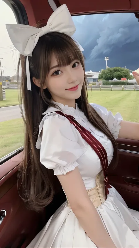 8k, ,  Masterpiece,  in the seat,18 years old,  very cute face, fine grain,  very long hair in the anus,  detailed lips ,  light makeup,  Very Elaborate Costume , Lolita Outfit , Costume with ribbon hair accessory, stormy weather, cloud, Low Light, A ,smil...