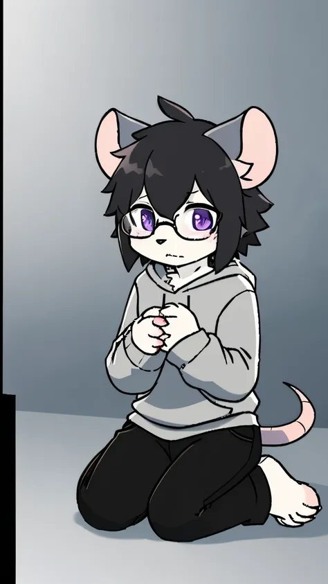  emer one ld {x} furry ,  alone， full body fur,  emer one ld {x} furry毛, White Paws  , Grey hair , , Dark grey trousers, gray ears,  gradient hair color ,  black glasses,, purple pattern ,  light black hair,  bangs, boring ， Dark Grey Hair  ,   medium leng...