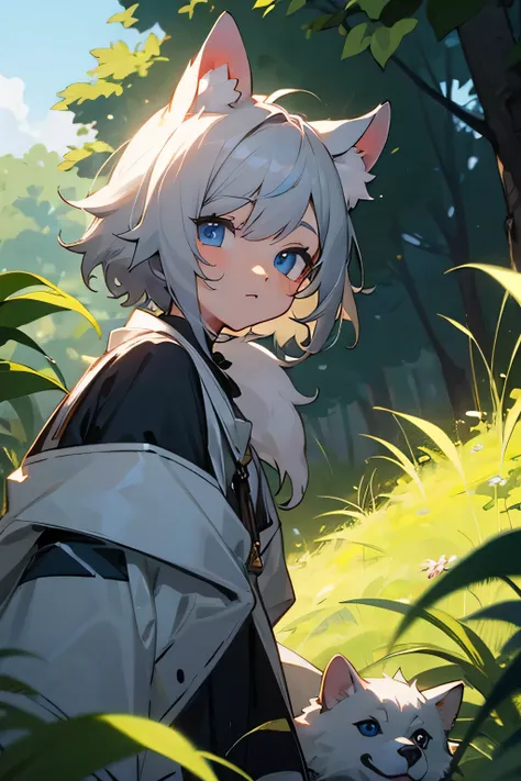  gray hair　 dog ear　 boy　 blue eyes　Nature-loving 