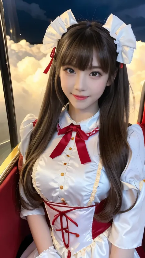 8k, ,  Masterpiece,  in the seat,18 years old,  very cute face, fine grain,  very long hair in the anus,  detailed lips ,  light makeup,  Very Elaborate Costume , Lolita Outfit , Costume with ribbon hair accessory, stormy weather, cloud, Low Light, A ,smil...