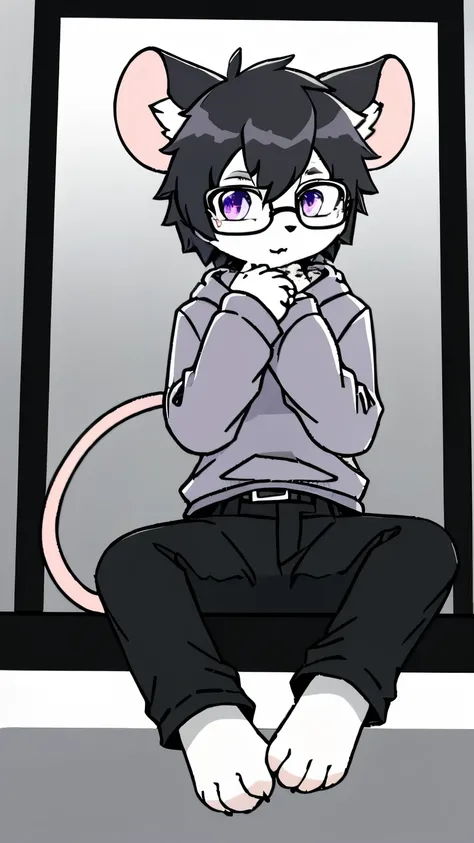  emer one ld {x} furry ,  alone， full body fur,  emer one ld {x} furry毛, White Paws  , Grey hair , , Dark grey trousers, gray ears,  gradient hair color ,  black glasses,, purple pattern ,  light black hair,  bangs, boring ， Dark Grey Hair  ,   medium leng...