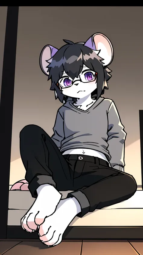  emer one ld {x} furry ,  alone， full body fur,  emer one ld {x} furry毛, White Paws  , Grey hair , , Dark grey trousers, gray ears,  gradient hair color ,  black glasses,, purple pattern ,  light black hair,  bangs, boring ， Dark Grey Hair  ,   medium leng...