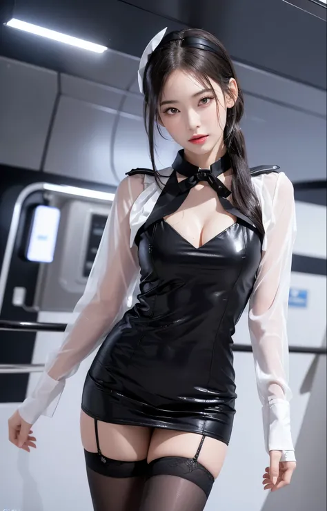 （  top quality，4K，masterpiece：1.2）， pretty girl ， 1 woman，  lifted something seductive ：1.1，    dark black hair    ：1.1，  A woman in a flight attendant costume  ，Wet flight attendant costume  ，  highly detailed face  ，  detailed lips  ， detailed snow，  dou...