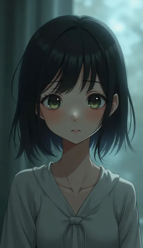 Create an anime girl at 18 20 years old. This anime girl is alone in a sense of guilt