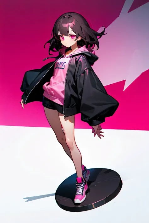  dark hair　Pink eyes　 pink shirt and black hoodie　 girl　Two dimensional figure 