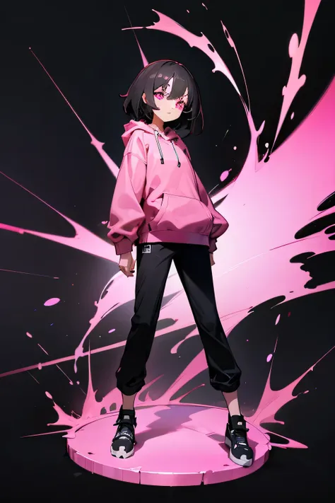  dark hair　Pink eyes　 black hoodie　 long pants　 girl　Two dimensional figure 