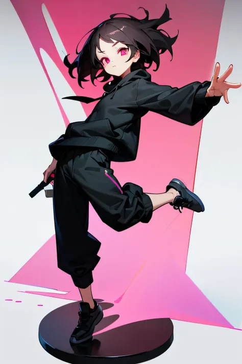  dark hair　Pink eyes　 black hoodie　 long pants　 girl　Two dimensional figure 