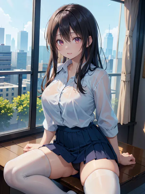  one woman、(( top quality)), ( high resolution), (( very detailed))、( Masterpiece)、An adult-like high school girl、She is wearing a transparent shirt, a bra, and cute panties、(I'm wearing knee-high stockings)、(Posing sexy in the city)、Cute nipple shape、(Hai...