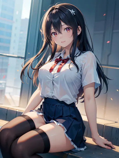  one woman、(( top quality)), ( high resolution), (( very detailed))、( Masterpiece)、An adult-like high school girl、She is wearing a transparent shirt, a bra, and cute panties、(I'm wearing knee-high stockings)、(Posing sexy in the city)、Cute nipple shape、(Hai...