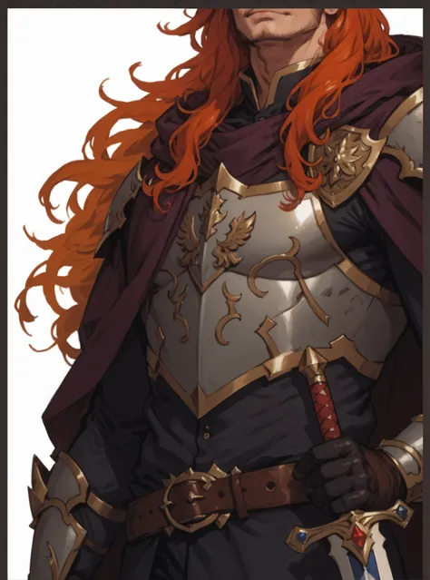  masterpiece,  beautiful illustration ,  man, красивый  man, long blond red hair, prince, bronze and silver armor, a sword, одна рука на рукоятке a swordа, cloak, длинный cloak,  looks at the viewer , proud pose, гордый  man,  shiny armor , поверх cloak, B...