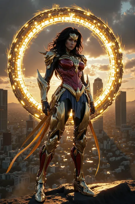 "Wonder Woman, Central Los Angeles, Cityscape, Skyscrapers, Apocalyptic, Golden Hour Sunset, Golden Energy Portal, graphic novel render, photorealistic cinematic 4d IMAX render, futuristic military technology, exquisite glowing energy golden armour, 100 me...