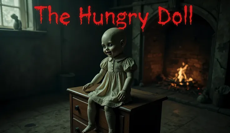 A dark, eerie room with dim, flickering light. In the center, an unsettling antique doll with a stitched mouth, grinning, and glass eyes that seem too lifelike. Its hands are small and frail, and there’s an aura of malice around it. The doll sits on an old...