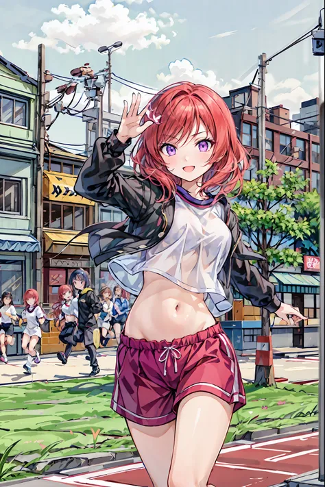 Maki Nishikino, Love Live, ( Masterpiece:1.2),  top quality,  perfect anatomy for the lower abdomen,  extremely detailed, cute girl,   shiny skin,   light smile, Alone, adorable big eyes,  cute eyes , (violet eyes:1.4), (Red bright hair :1.4), sport top pi...