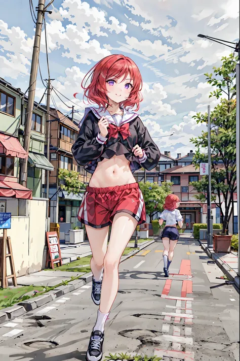 Maki Nishikino, Love Live, ( Masterpiece:1.2),  top quality,  perfect anatomy for the lower abdomen,  extremely detailed, cute girl,   shiny skin,   light smile, Alone, adorable big eyes,  cute eyes , (violet eyes:1.4), (Red bright hair :1.4), sport top pi...