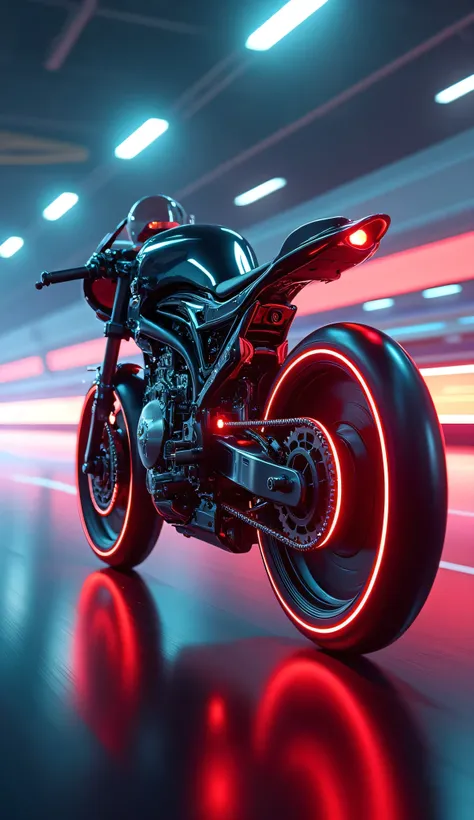 a futuristic racing bike, intricate mechanical details, shiny metallic surfaces, glowing neon highlights, dynamic motion blur, vibrant color palette, cinematic lighting, sleek aerodynamic design, high contrast shadows, dramatic camera angle, hyper-realisti...