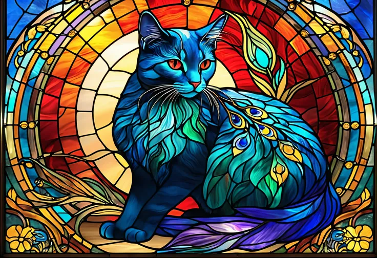 Stained glass cat - breathtakingly beautiful image - clear like a photo - red as the main tone　a close up of a stained glass window with a peacock, vector art inspired by Louis Comfort Tiffany, shutterstock, art nouveau, maxim verehin stained glass, staine...