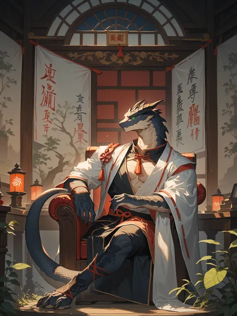 Embed:（snake：1.3）, male, green eyes, black scales，Long white hair，Single,Wear white traditional Chinese Hanfu, and sit on the chair，indoor，Game CG,illustration,  alone,Melancholy atmosphere,Artistic Color Tone,. top quality scene details,aldult,Towering, m...