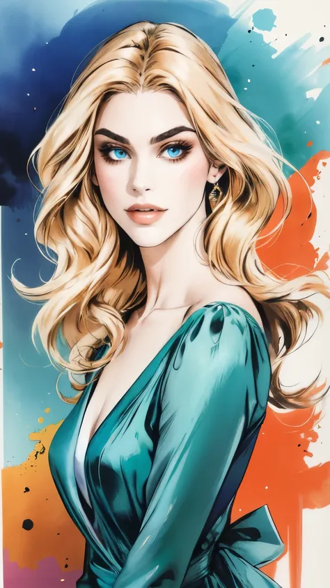 Stunning artistic pin-up marina Laswick very very beautiful with a little smile, Beautiful skin, blue eyes, very beautiful wrap dress vaporous dancing in the wind emerald white and orange color very low-cut, very beautiful very generous chest, magnificent ...