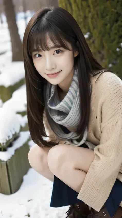 1 girl, solo, long hair, high resolution, portrait , gaze to God, smiles, black hair, is anatomically correct, top quality, comments, muffler , skirt, Short Boots, Reality, shooting test model , winter,snow