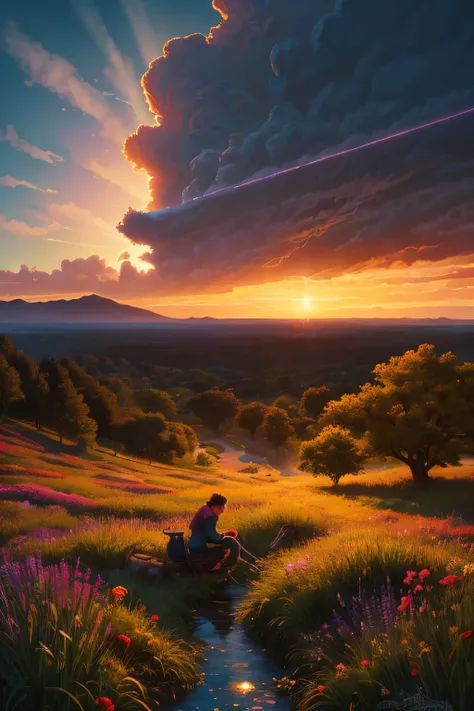  with a picture of a colorful sunset 、tree々and there is water ,  Dan Mumford and Albert Bierstadt,  Fractal Thunder Dan Mumford, Dan Mumford's art style  ,  painting by Dan Mumford , and Mumford Paint., Inspired by Dan Mumford , Dan Mumford's art style ,  ...