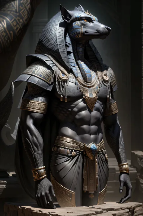 (masterpiece, best quality, photorealistic, ultra-detailed:1.2), the ancient egyptian god of afterlife statue is a black with many scars, in the style of realistic jackal paintings, furaffinity, gray and azure, hyper-realistic animal illustrations, cybermy...