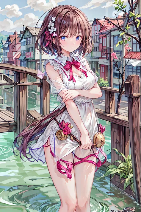 ( Masterpiece, latest,Exceptional:1.2), Anime, 1 girl,前hair,black_hair,  beautiful 8K eyes  ,green_null, bridge ,building,city,city,cityscape,cloud,day, dress, accurately _in_viewer,Outdoors,red_neckwear,red_ribbon,ribbon,river,short_hair,short_ sleeve,nul...