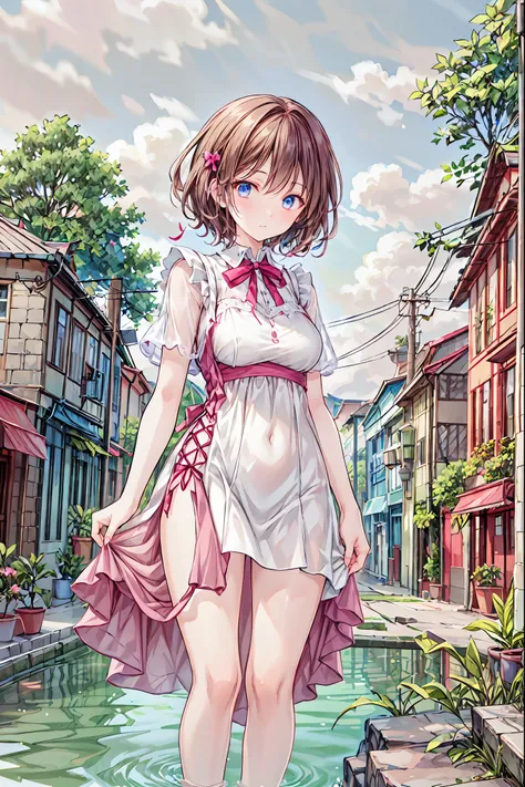 ( Masterpiece, latest,Exceptional:1.2), Anime, 1 girl,前hair,black_hair,  beautiful 8K eyes  ,green_null, bridge ,building,city,city,cityscape,cloud,day, dress, accurately _in_viewer,Outdoors,red_neckwear,red_ribbon,ribbon,river,short_hair,short_ sleeve,nul...