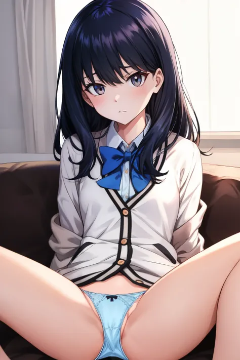 ssss.gridman, {takarada rikka}, black hair, shoulder long hair, black eyes,small breasts, droopy　
eyes,tsurime,white long sleeve cardigan, white shirt, wing collar, red bowtie,looking at viewer,light blue panties,panty focus,(panties as a gift 1.2),pay att...