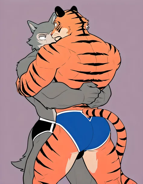 l3gosh1, beastars, male, wolf, muscular, athletic, masculine, BillBeastars, male, anthro, bengal tiger, tiger, brown eyes, muscular male, athletic build, orange fur, black stripes, flat color, shirtless, speedos, simple background, two characters, multiple...