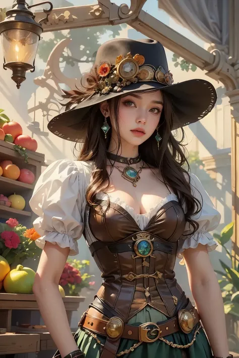 steampunk, victorian, alone, woman is about 25 years old, Florist, Fruit Shop, whole body, detailed face, small breasts, long hair, curly hair, beautiful eyes, crystal earrings, best shadow, resting outdoors, cowboy shot, (white background), concept art, w...