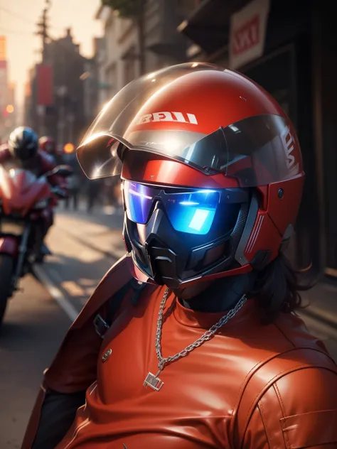 handsome guy, open face, wearing a open face red motorcycle helmet, wearing blue sunglasses, wearing a brown colour shirt, well detailed, 1080, realistic colours