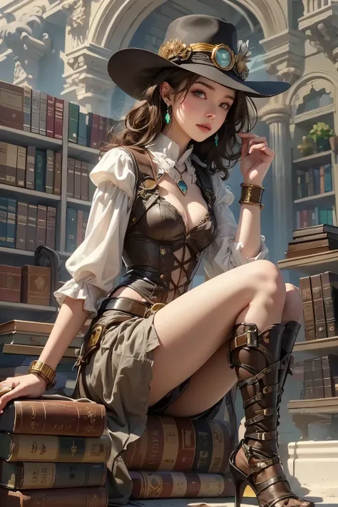 steampunk, victorian, alone, woman is about 25 years old, Librarian, library, whole body, detailed face, small breasts, long hair, curly hair, beautiful eyes, crystal earrings, best shadow, resting outdoors, cowboy shot, (white background), concept art, wa...